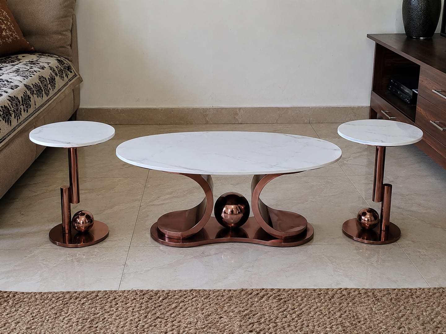Customer photo review of Radiant Marble Top Stainless Steel with PVD Coated Coffee Table Set