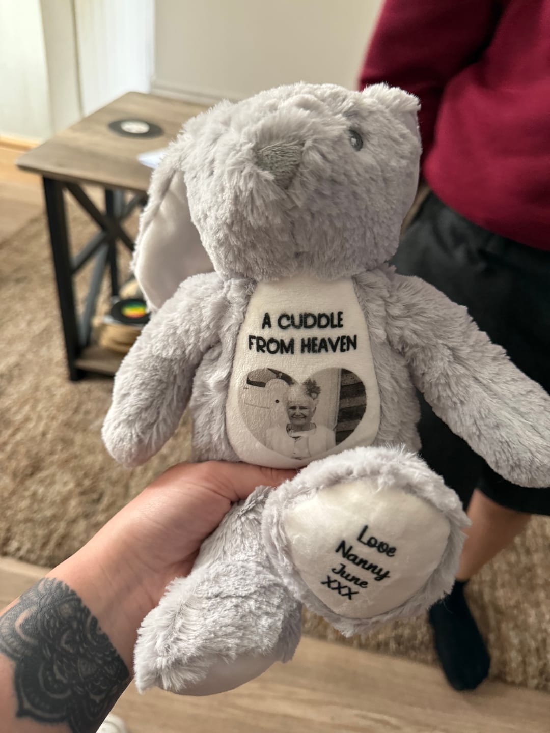 Customer photo review of Design a Personalised Grey Bunny Teddy – Add Your Photo, Name or Message