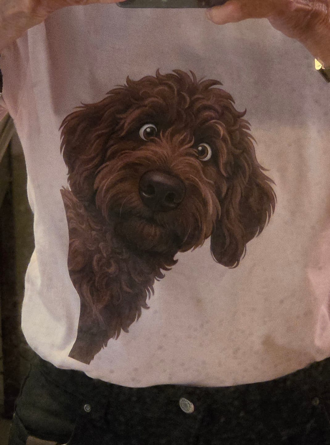 Customer photo review of Funny Peeking Chocolate Goldendoodle T-Shirt