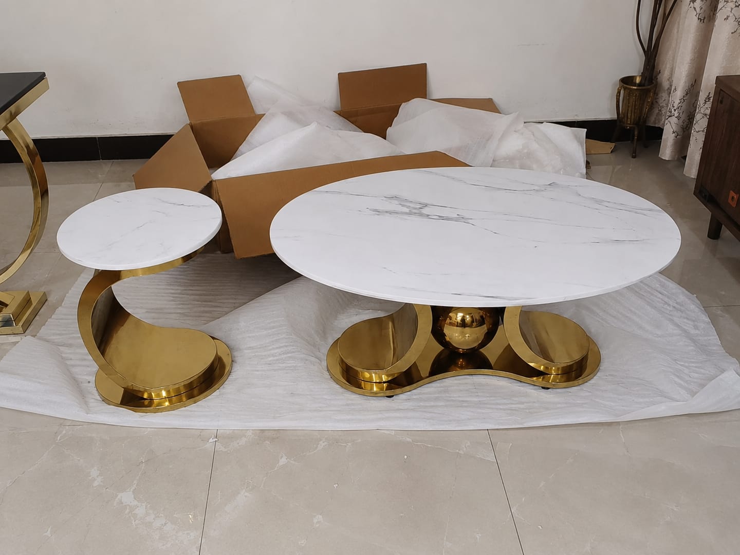 Customer photo review of Radiant Marble Top Stainless Steel with PVD Coated Coffee Table Set