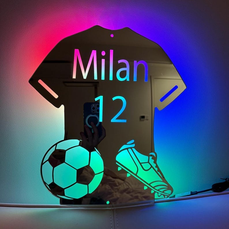 Customer photo review of Personalized Soccer Jersey LED Mirror | Custom Name & Number