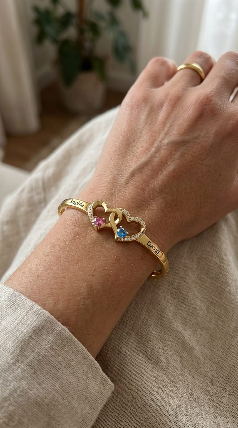 Customer photo review of Personalized Double Heart Birthstone Bangle for Women, Custom Name Engraved