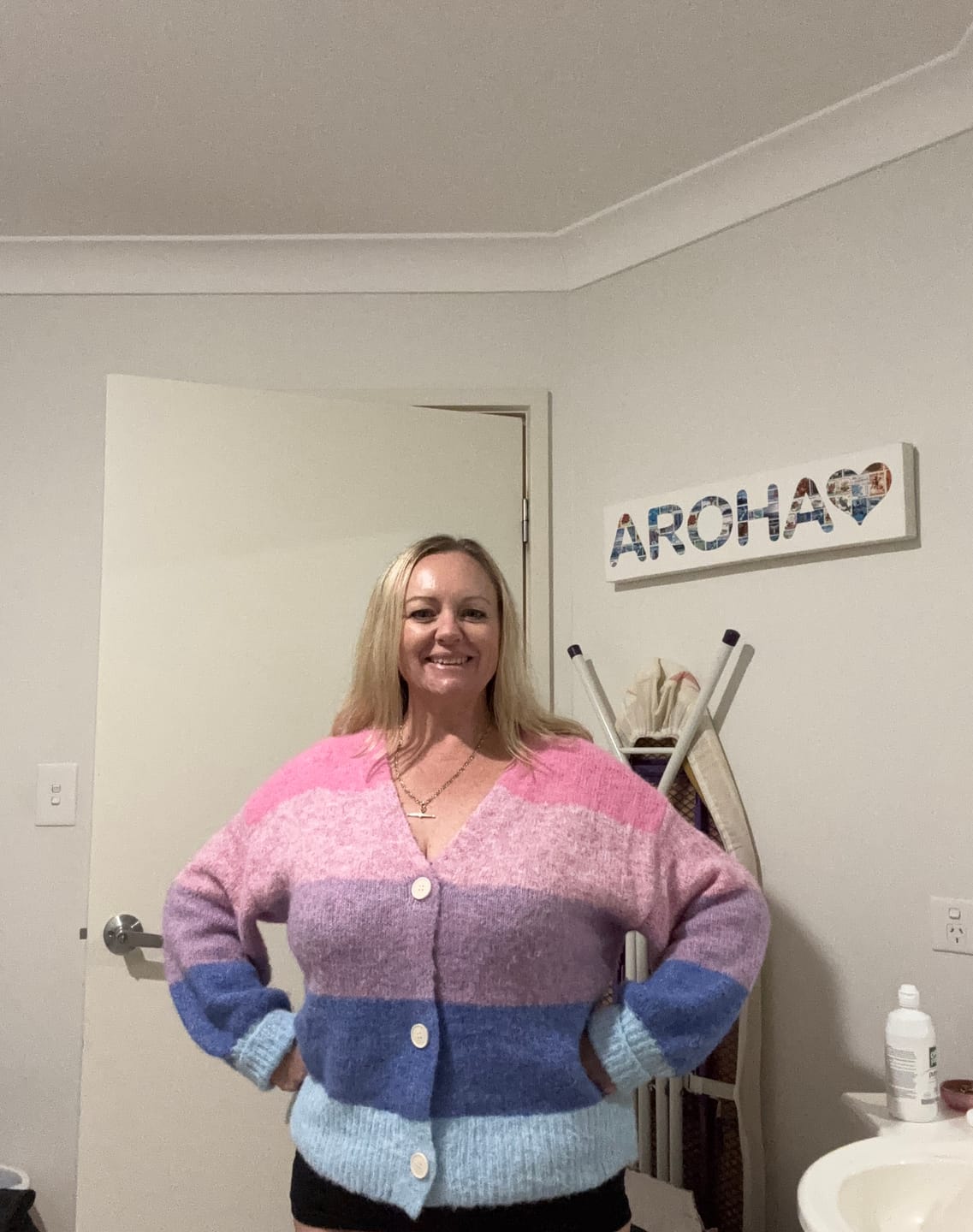 Customer photo review of Tellulah Knit Cardi in Pink Multi Stripe