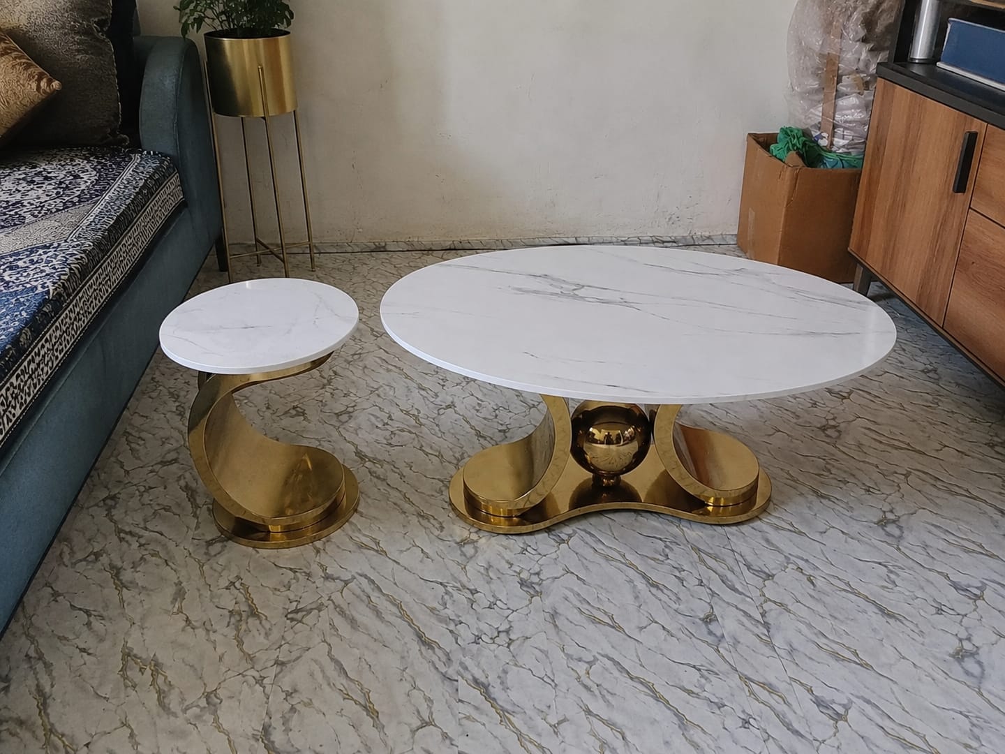 Customer photo review of Radiant Marble Top Stainless Steel with PVD Coated Coffee Table Set