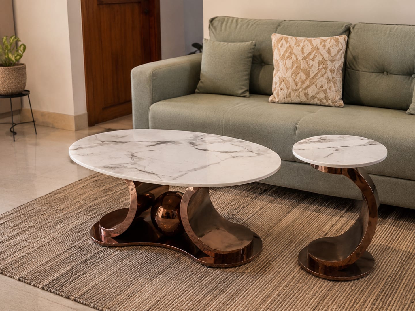 Customer photo review of Radiant Marble Top Stainless Steel with PVD Coated Coffee Table Set