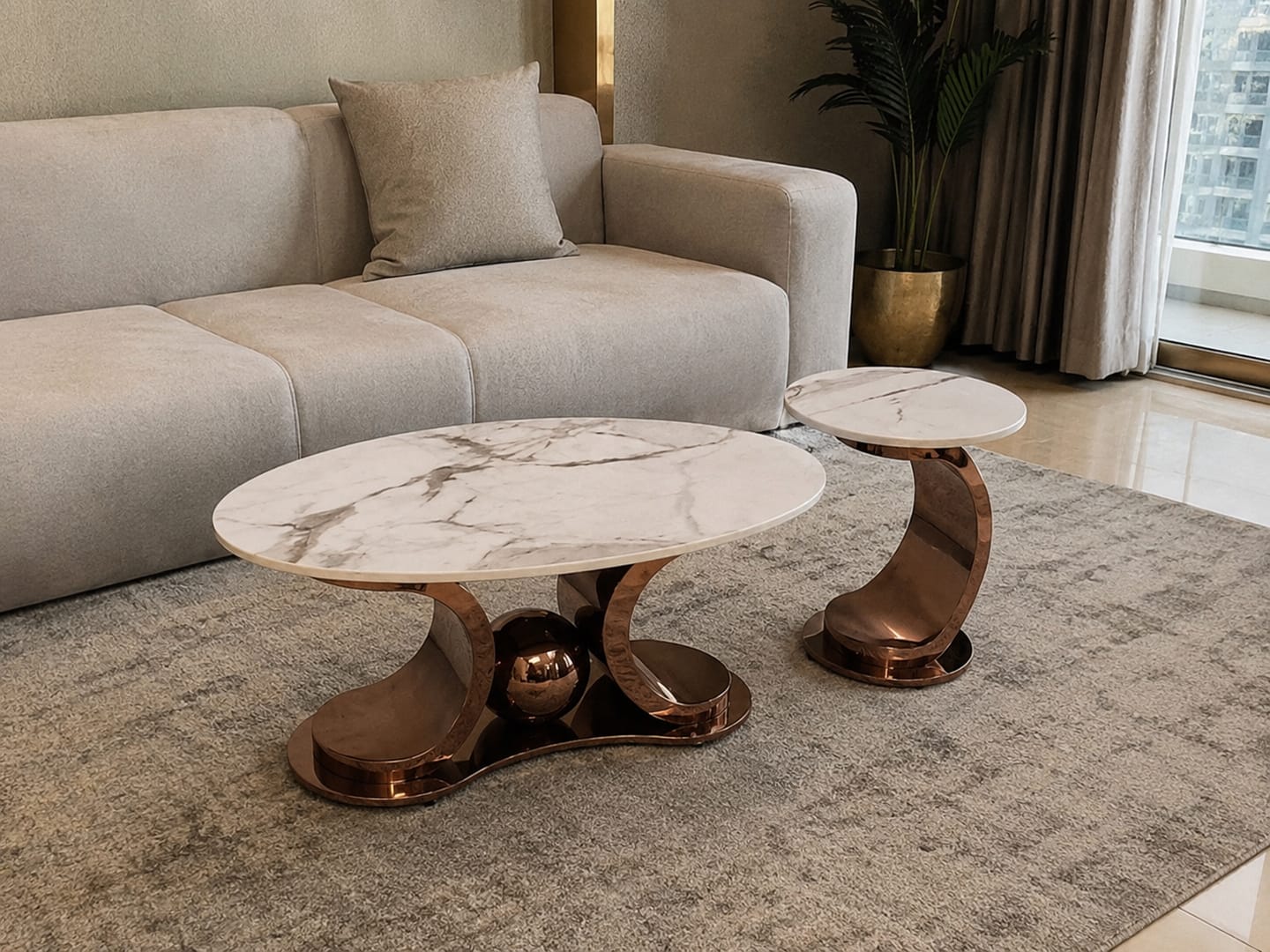 Customer photo review of Radiant Marble Top Stainless Steel with PVD Coated Coffee Table Set
