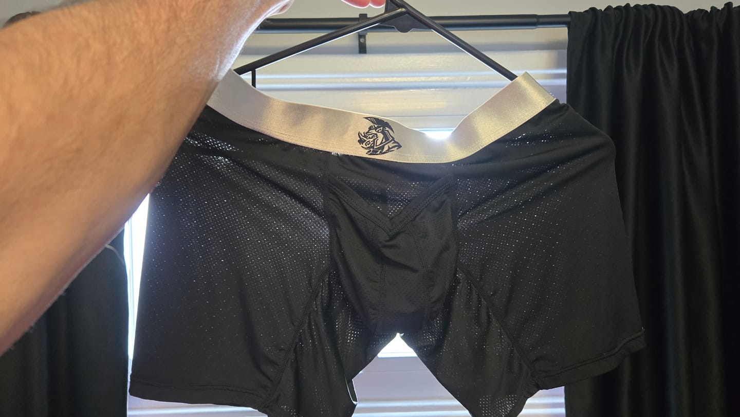 Customer photo review of Nylon Mesh 7in Boxer Briefs V Fly 4pk Black/Denim/Gunmetal/Wineberry