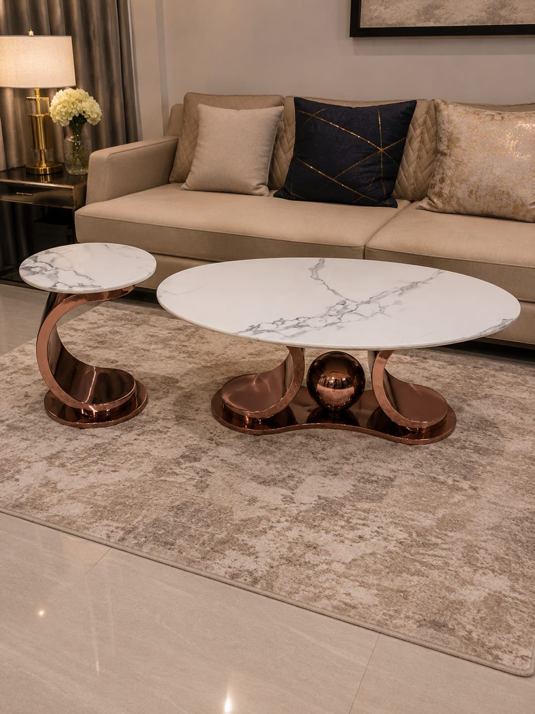 Customer photo review of Radiant Marble Top Stainless Steel with PVD Coated Coffee Table Set