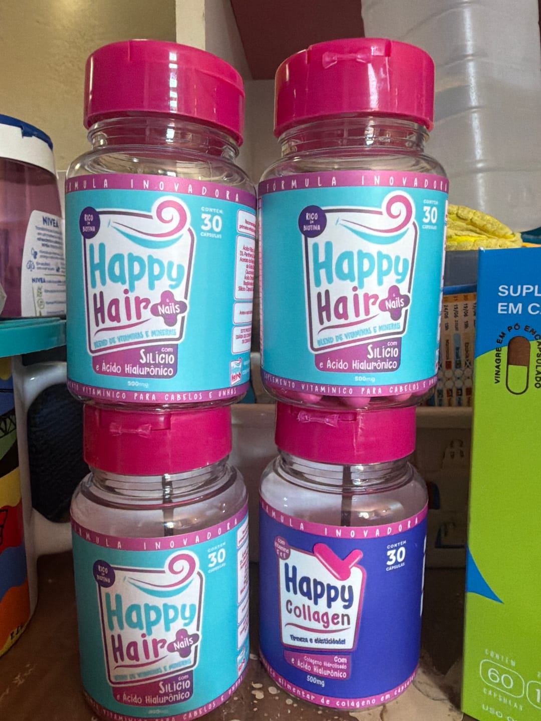 Customer photo review of Happy Hair 3 Potes + 1 Colágeno Grátis