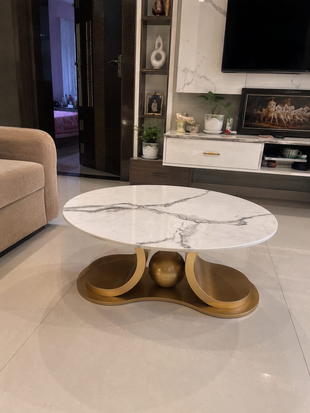 Customer photo review of Radiant Marble Top Stainless Steel with PVD Coated Coffee Table Set