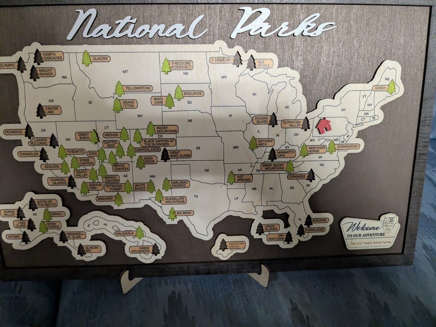 Customer photo review of US Wooden National Parks Travel Map With Trees To Record Park Visits (Coffee)