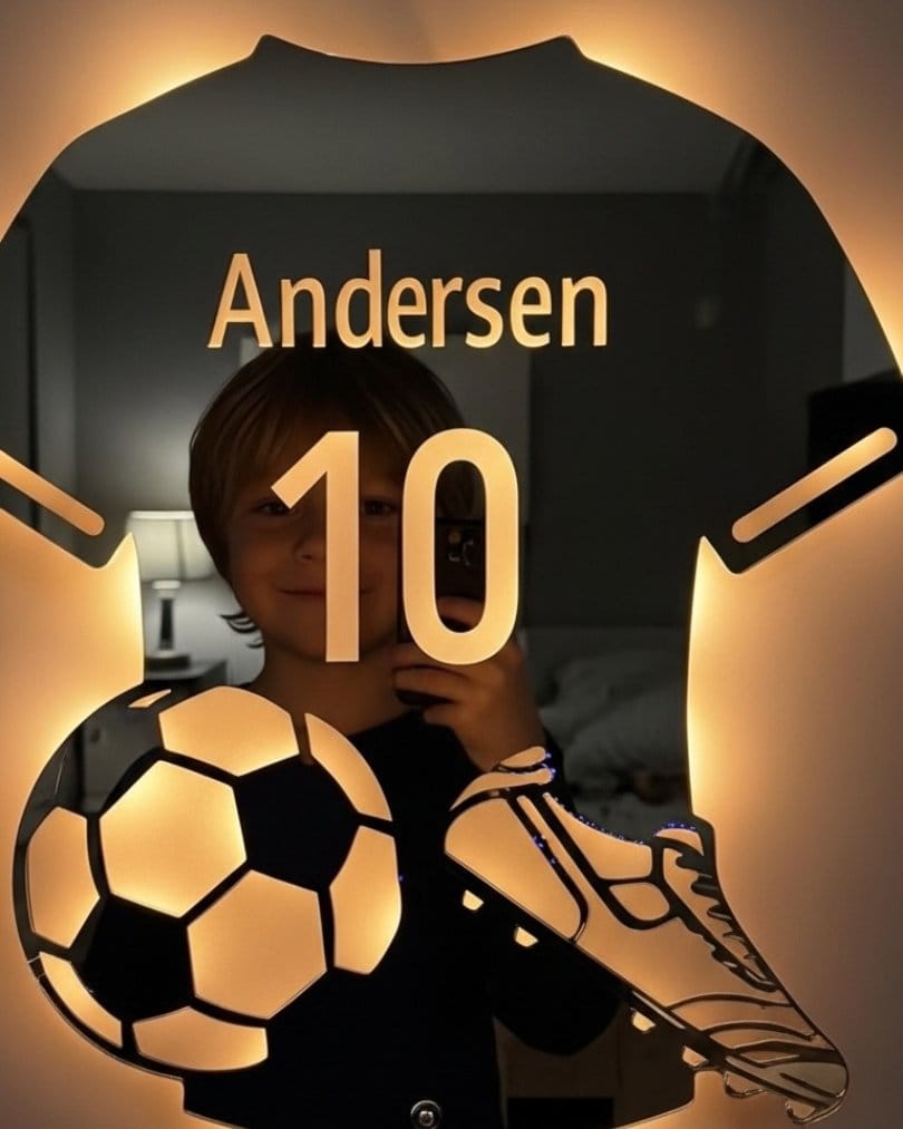Customer photo review of Personalized Soccer Jersey LED Mirror | Custom Name & Number