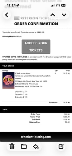 Reviewer's screenshot of an online order confirmation for tickets.