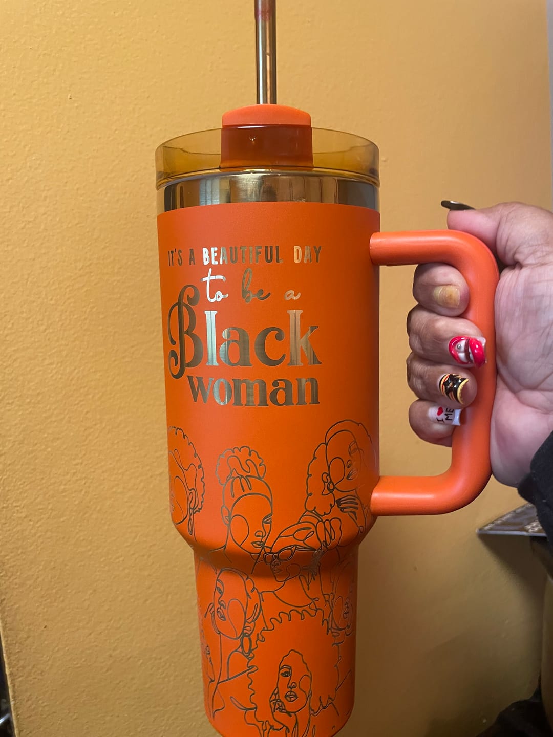 Customer photo review of "Orange Oasis" FlowSip™ Insulated Tumbler – 40oz – It's a Beautiful Day to Be a Black Woman
