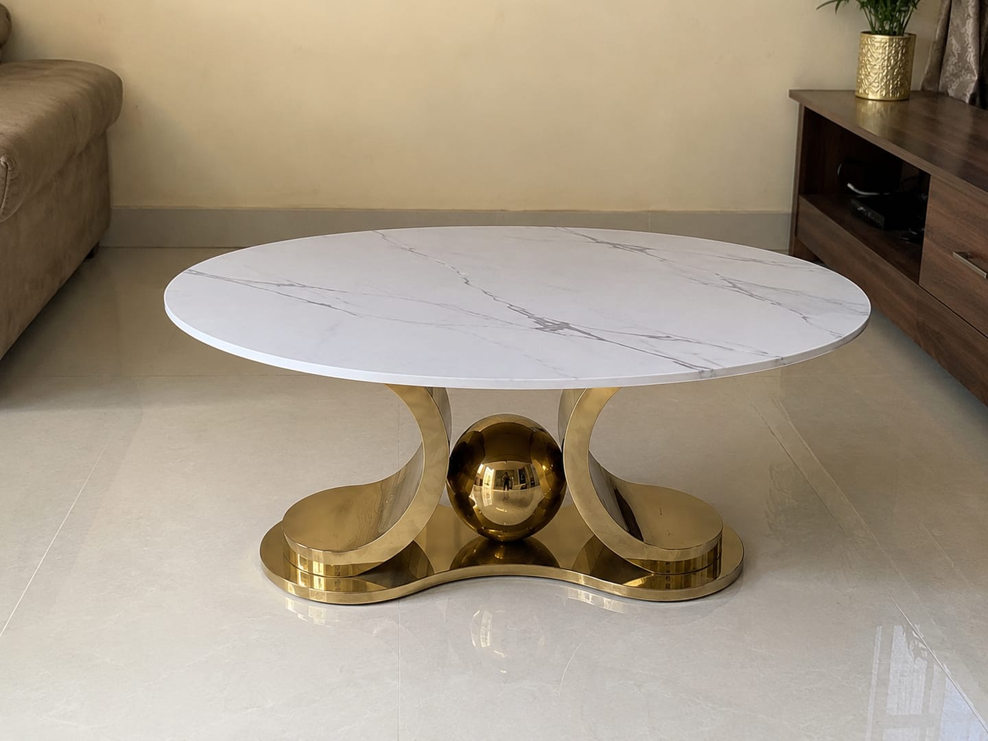 Customer photo review of Radiant Marble Top Stainless Steel with PVD Coated Coffee Table Set