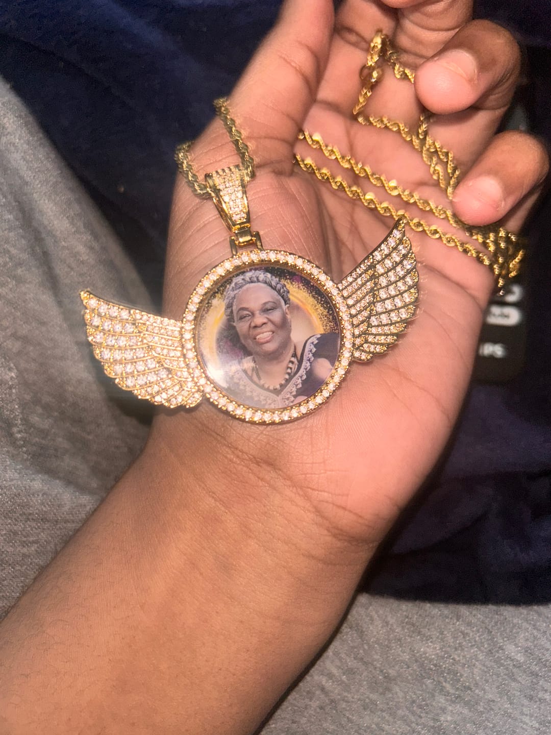Customer photo review of Diamond Studded Angel Wing Photo Necklace