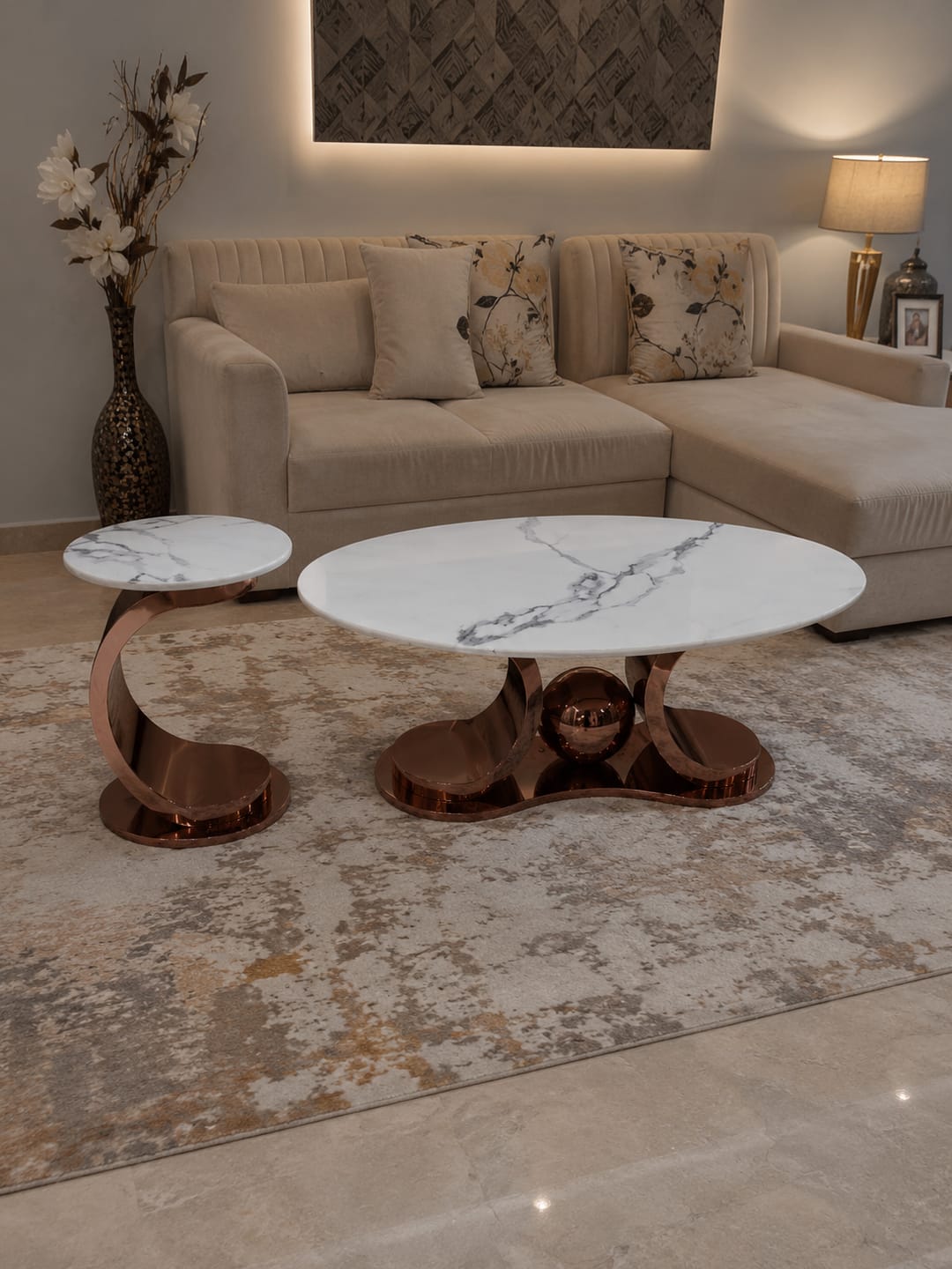 Customer photo review of Radiant Marble Top Stainless Steel with PVD Coated Coffee Table Set