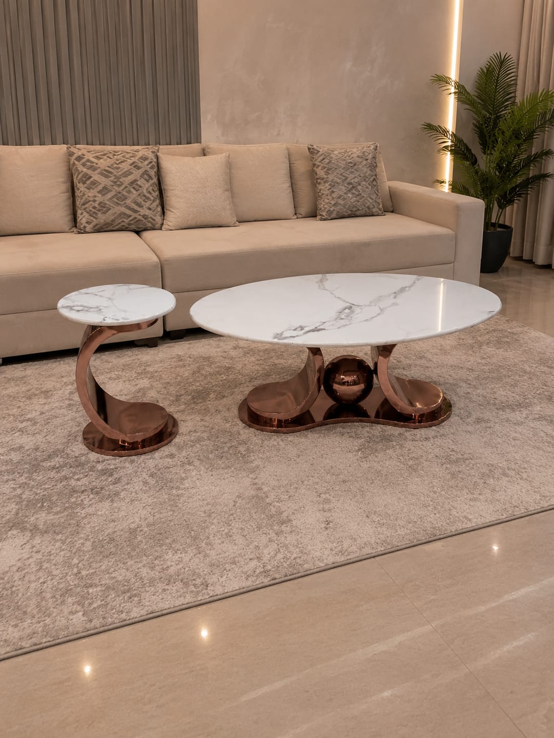 Customer photo review of Radiant Marble Top Stainless Steel with PVD Coated Coffee Table Set