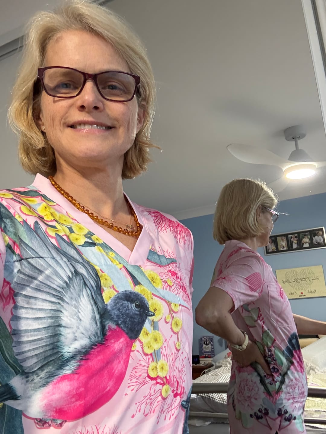 Customer photo review of Birds and Floral Aussie Pink Robins Scrub Top Rosy Glow LT7