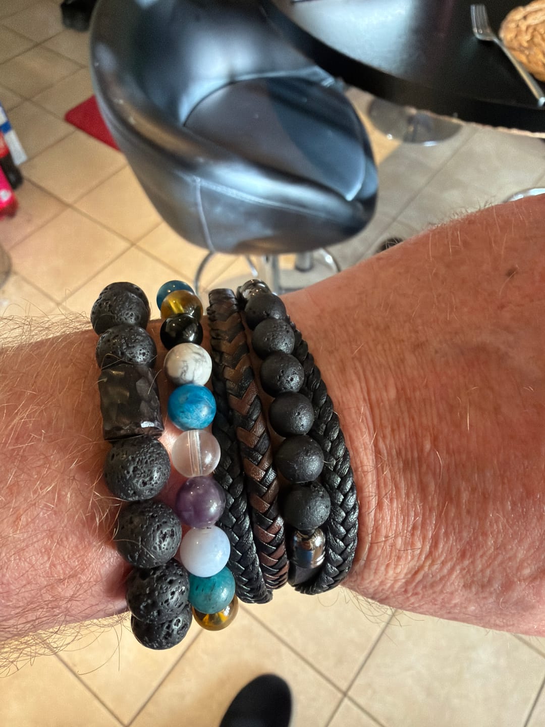 Customer photo review of Buddha Stones Tiger Eye Lava Rock Black Onyx Lazurite Lapis Lazuli Hematite Bead Positive Leather Bracelet