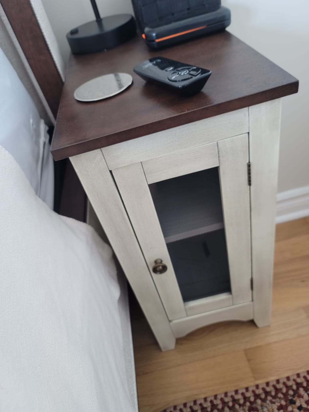 Customer photo review of Accent Table 24"H Antique White & Espresso Storage