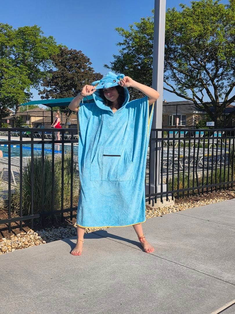 Customer photo review of OLAOLA Elephant Surf Poncho Changing Towel Swim Robe With Pocket Plus Size Beach Towels Quick Dry Terry Cloth Cover-Up Hood