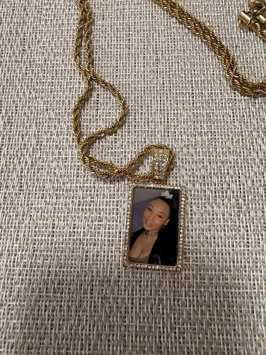 Customer photo review of Personalized Diamond Studded Colorful Photo Necklace