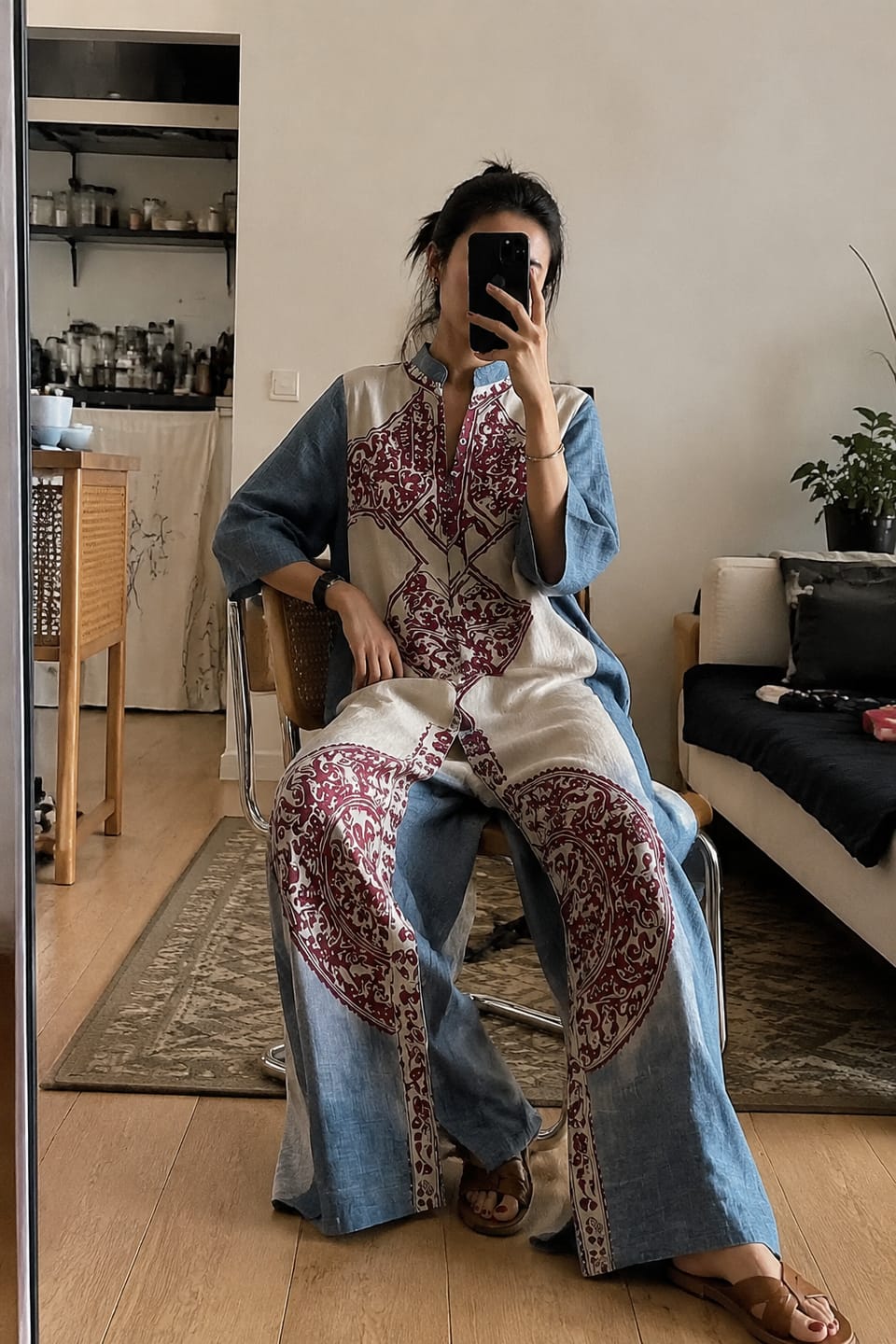 Customer photo review of Loose Three-Quarter Sleeves Contrast Color Ethnic Printed Pockets V-Neck Jumpsuits