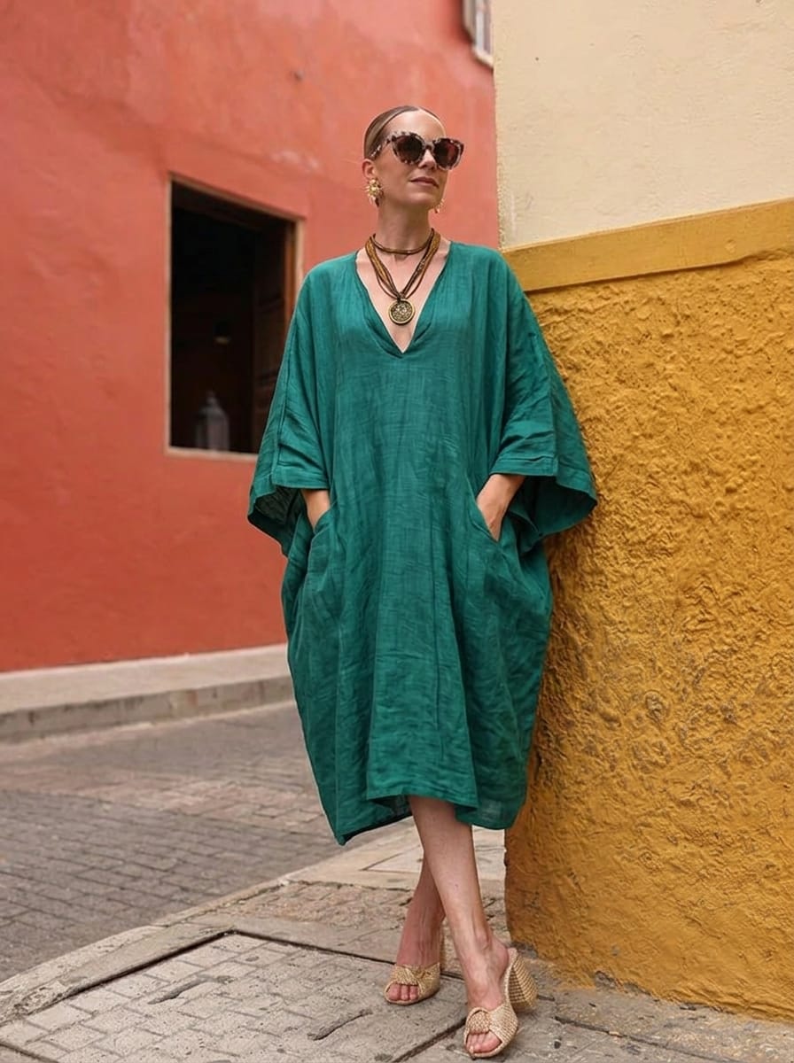 Customer photo review of Batwing Sleeves Loose Pockets Solid Color Deep V-Neck Mini Dresses