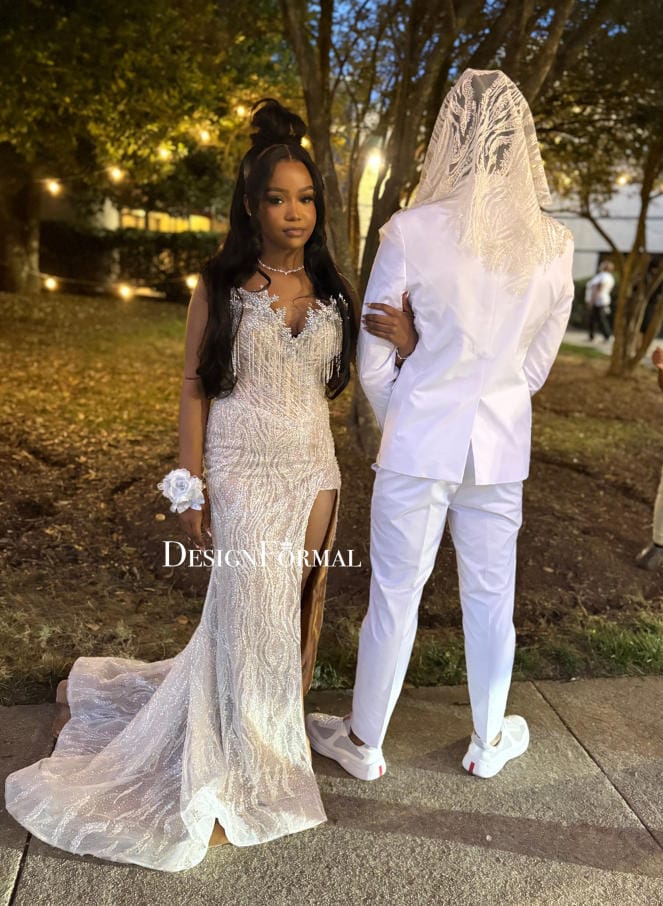 Customer photo review of Strapless Fringe V-neck See-through Slit Long Dress
