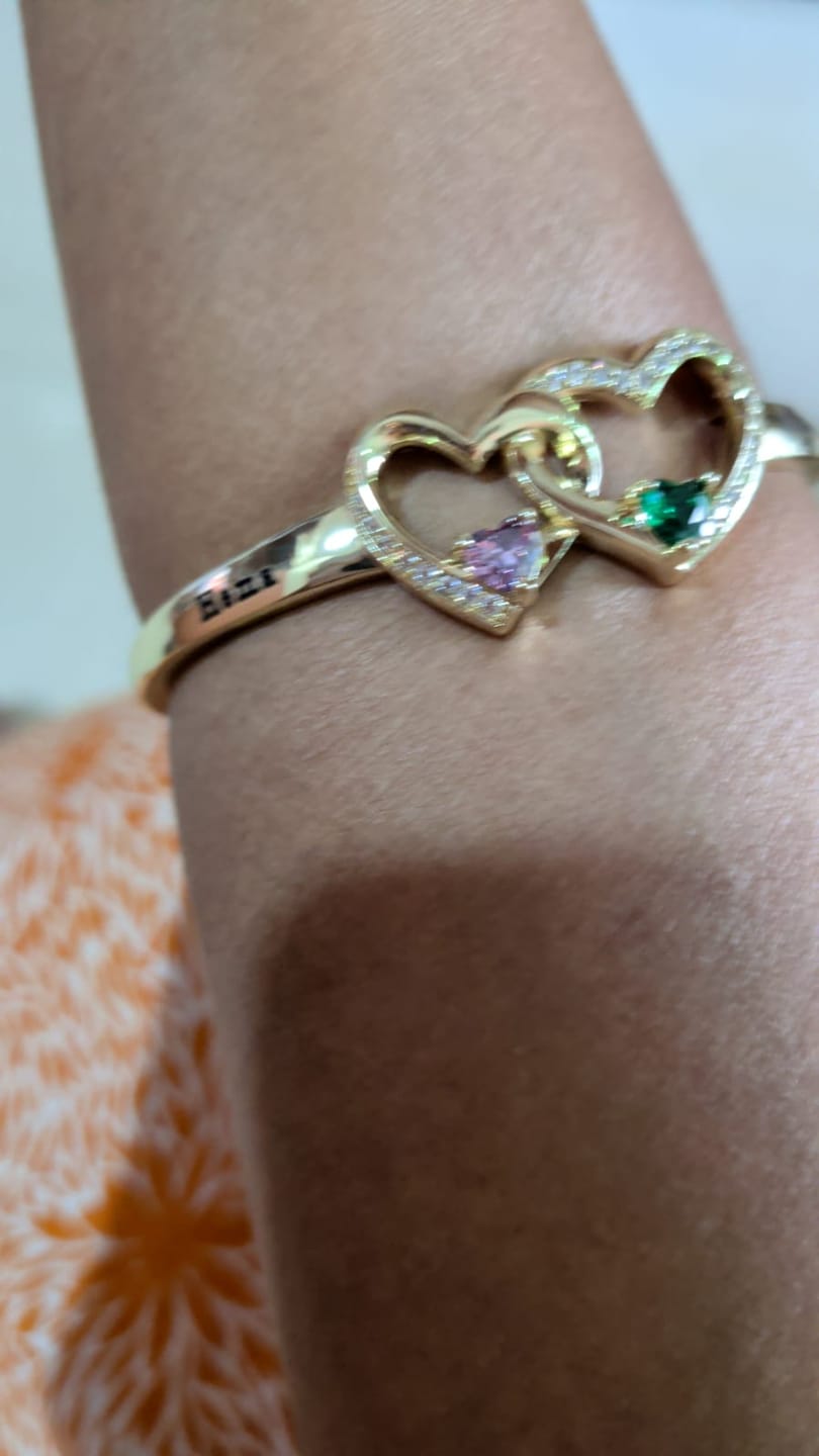 Customer photo review of Personalized Double Heart Birthstone Bangle for Women, Custom Name Engraved