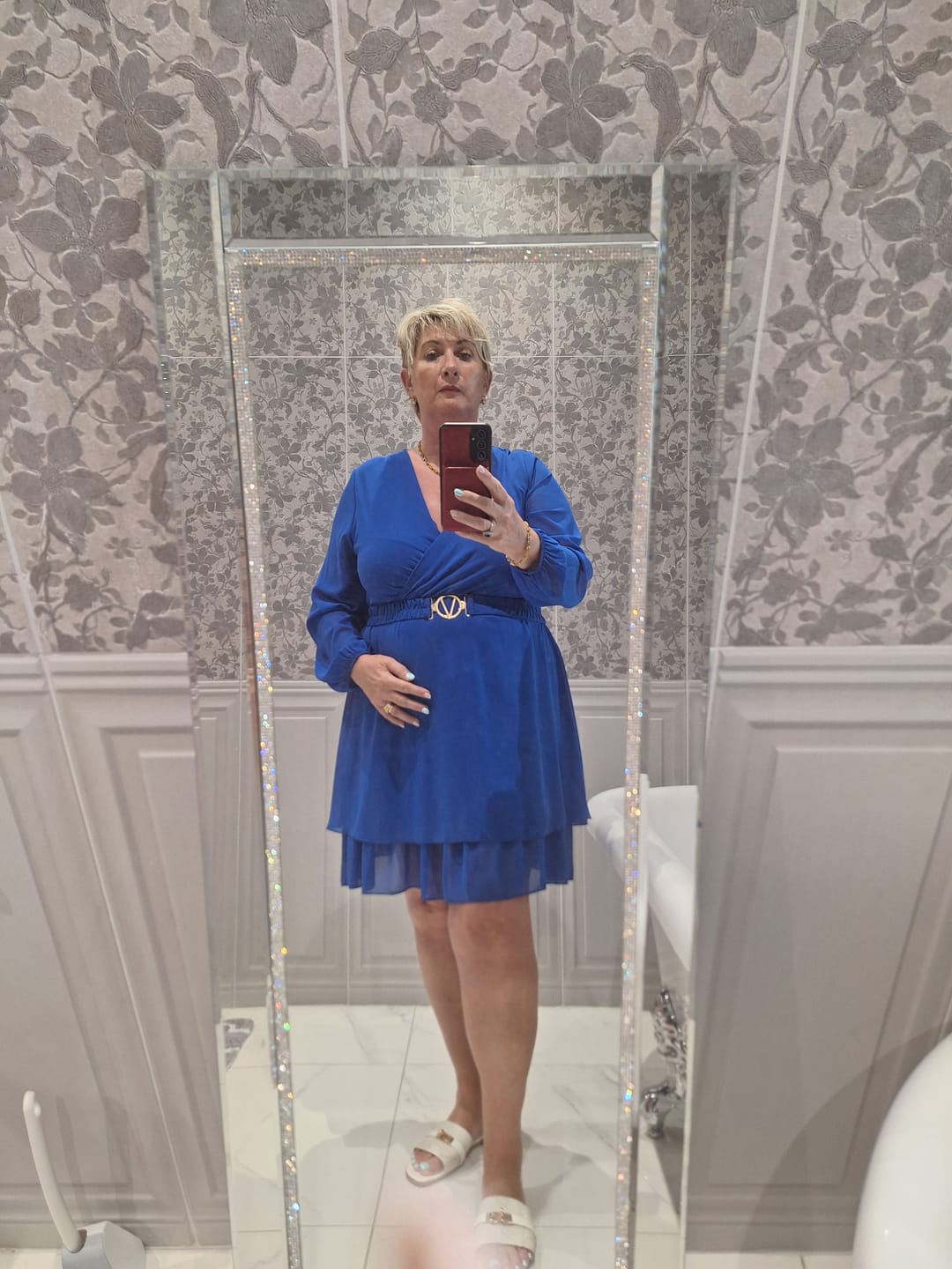 Customer photo review of Marlowe Royal Blue Wrap Mini Dress