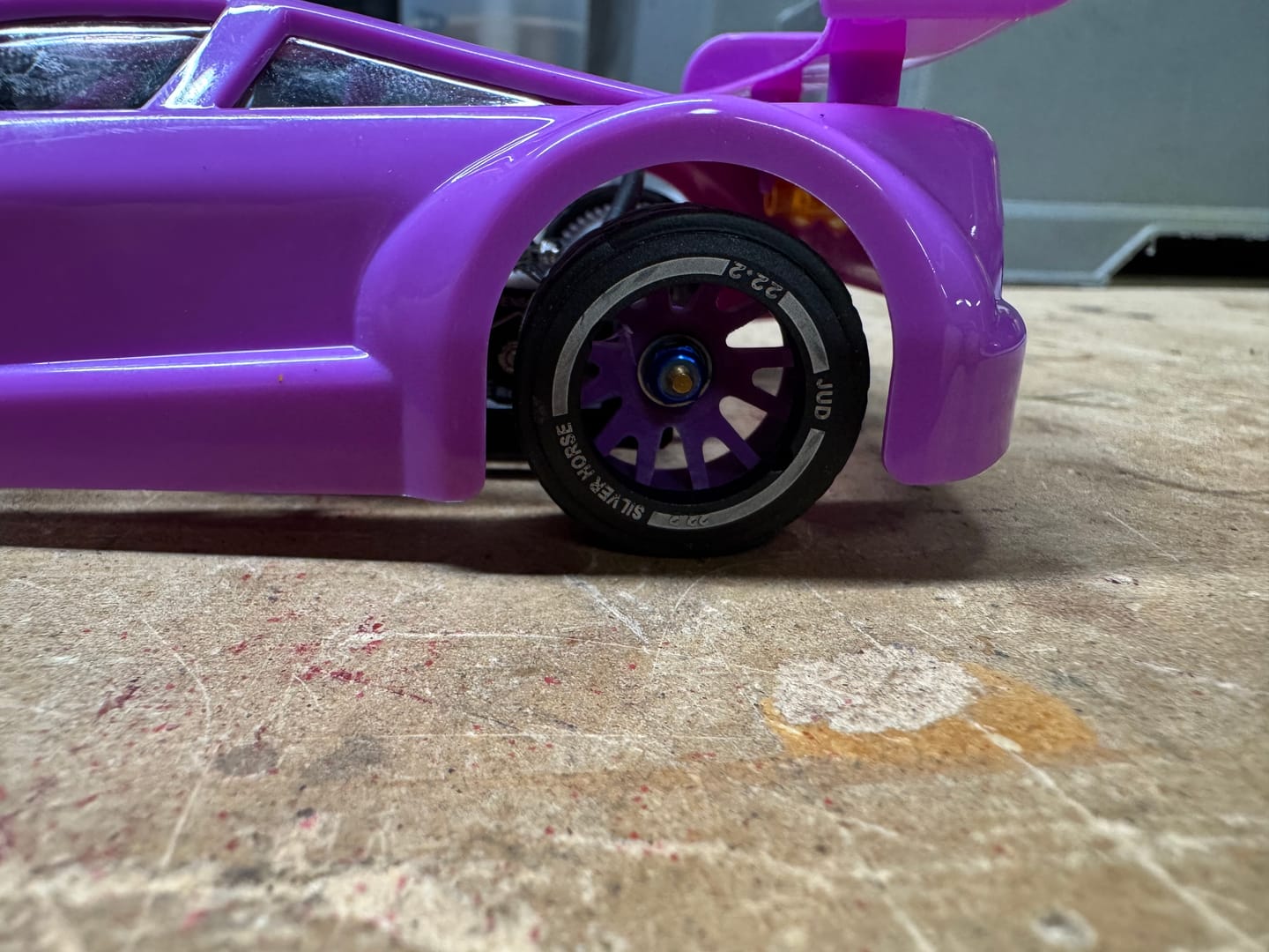Customer photo review of Special Edition Silver Horse Purple Racing 2WD “JUD” Rear 11mm and 14mm Threaded Carbon-Fiber Reinforced EVO Wheels