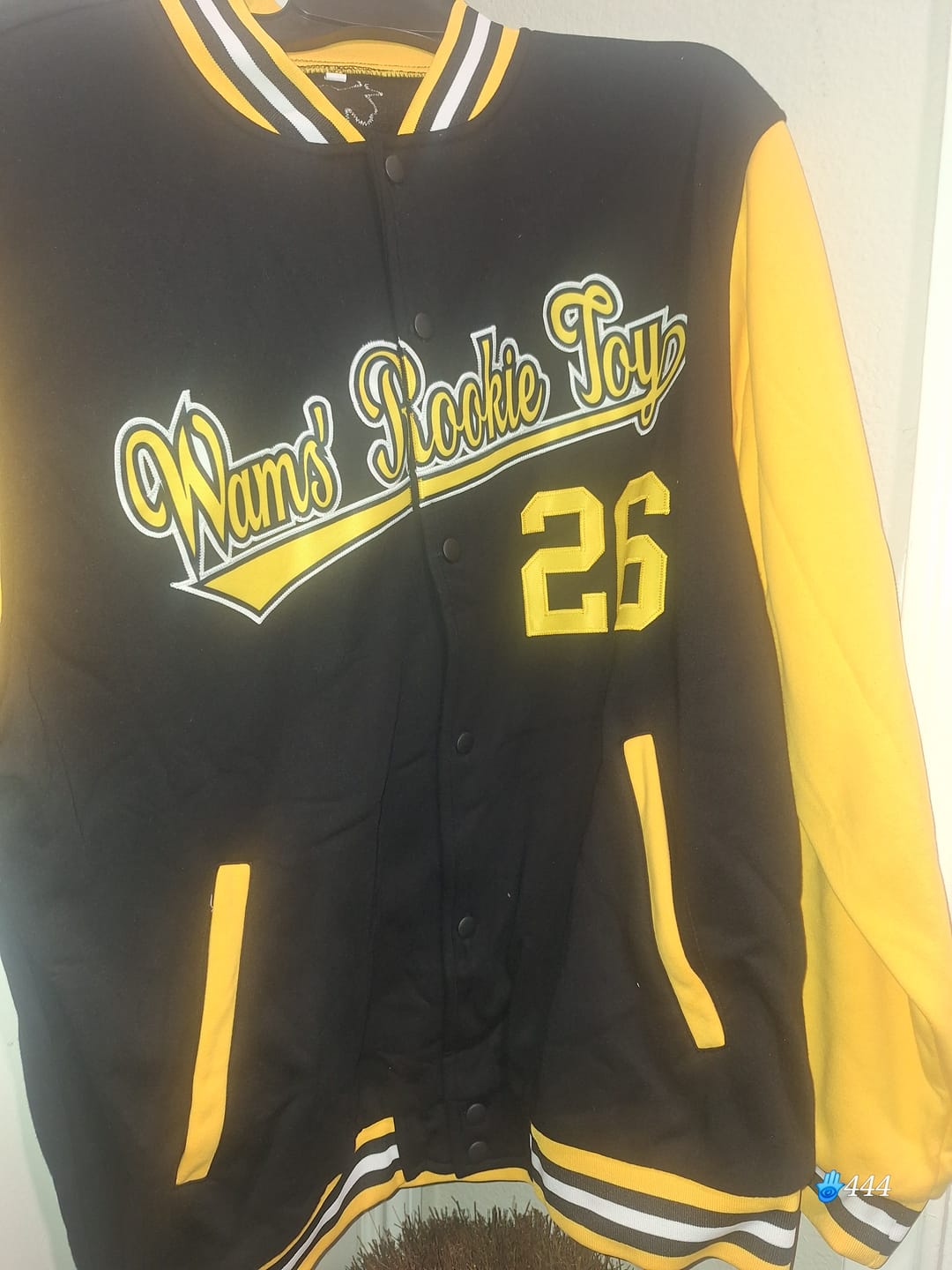 Customer photo review of Custom Black Gold-Black Raglan Sleeves Varsity Full-Snap Letterman Jacket