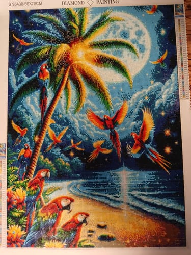 Rezensent zeigt ein fertiges Diamond Painting Geschenk: eine tropische Szene mit leuchtenden Aras, einer Palme und einem Mond.