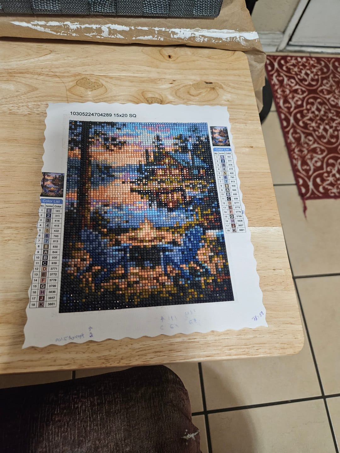 Customer photo review of Lakeside Cabin Fireplace Sunset (Diamond Painting)