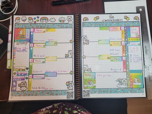 Reviewer's weekly planner decorated with colorful Rainbow Llamas Planner Kit stickers for meal planning.