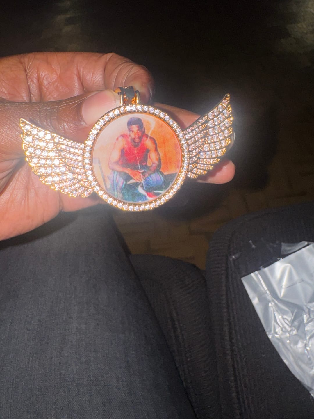 Customer photo review of Diamond Studded Angel Wing Photo Necklace