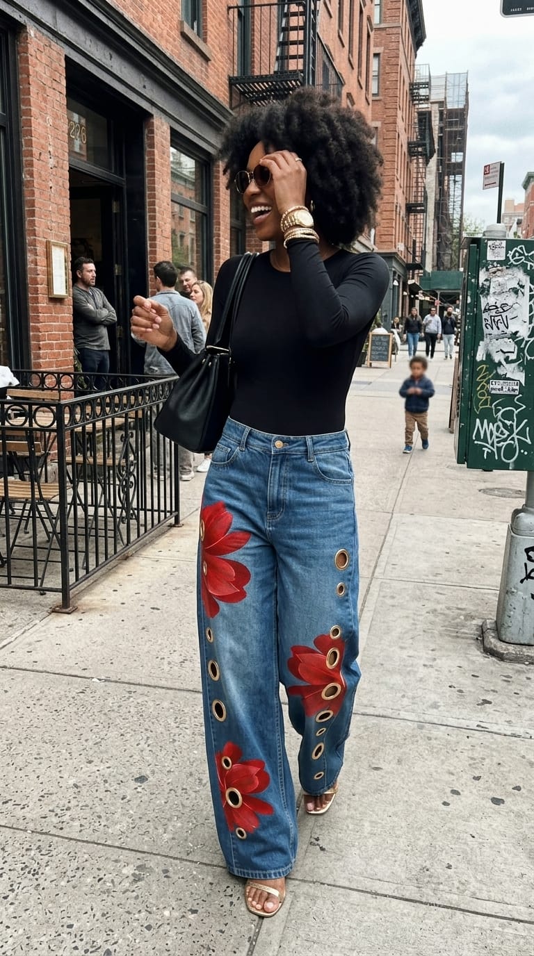 Customer photo review of High Waisted Wide Leg Buttoned Flower Print Hollow Pockets Jean Pants Bottoms Trousers