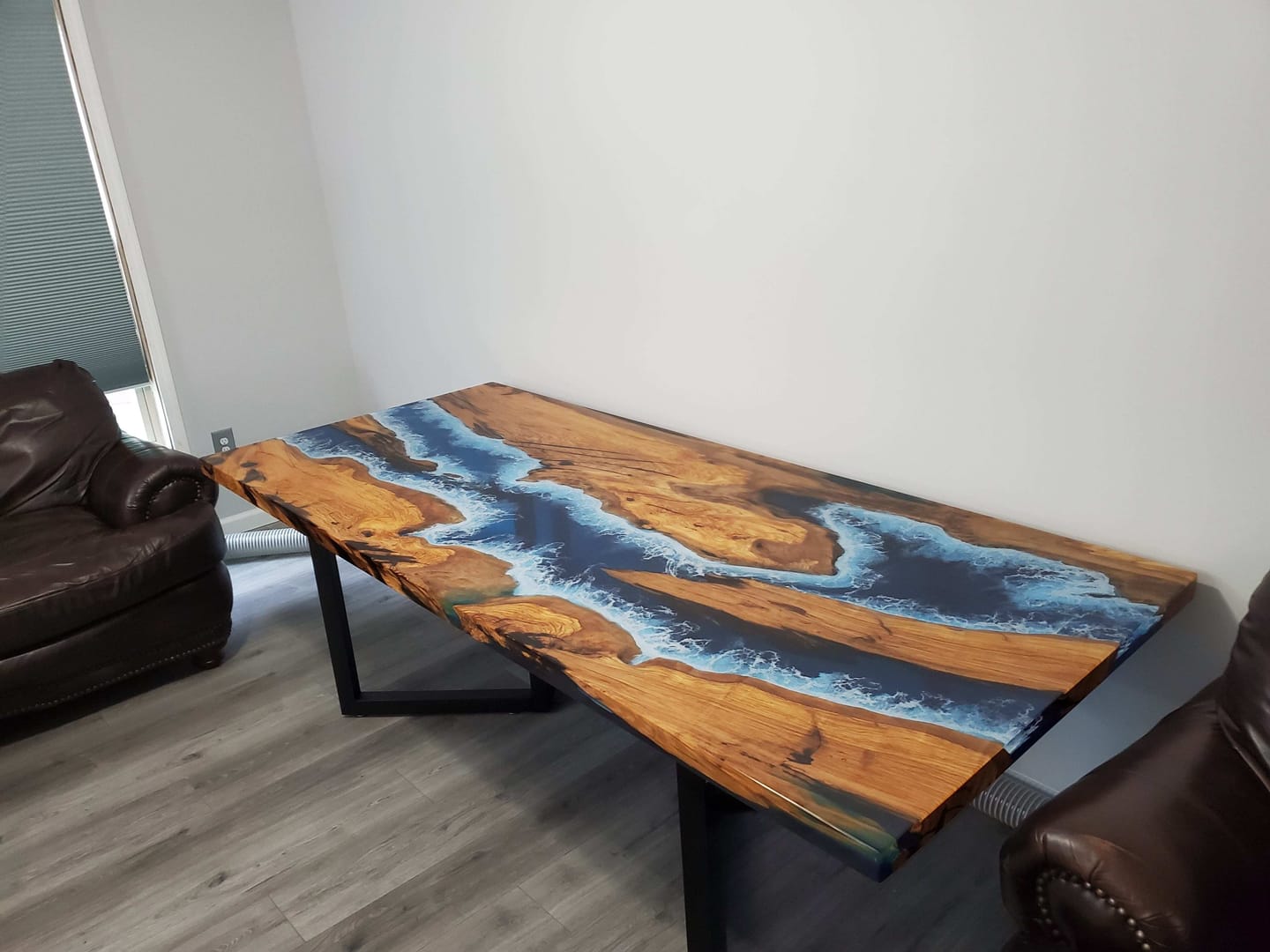 Customer photo review of Custom Olive Blue Epoxy Resin River Dining Table - R32
