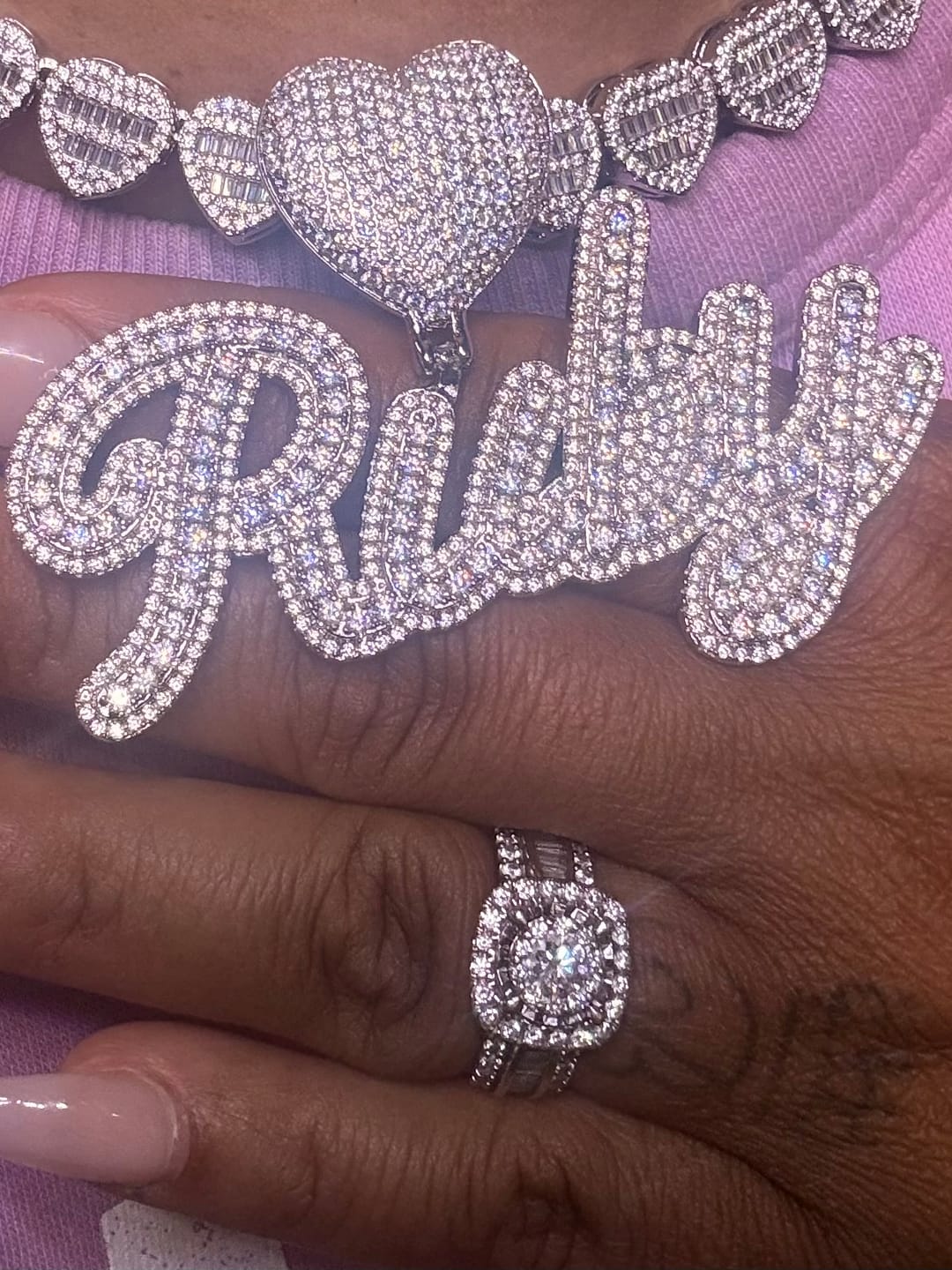 Customer photo review of LUXIIVA® FROSTED ICED OUT CUSTOM NAME PENDANT - HEART HOOK