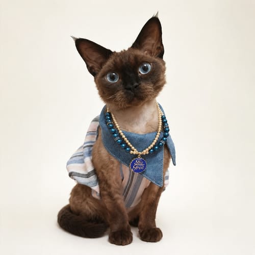 Grace's pet wearing a pearl necklace