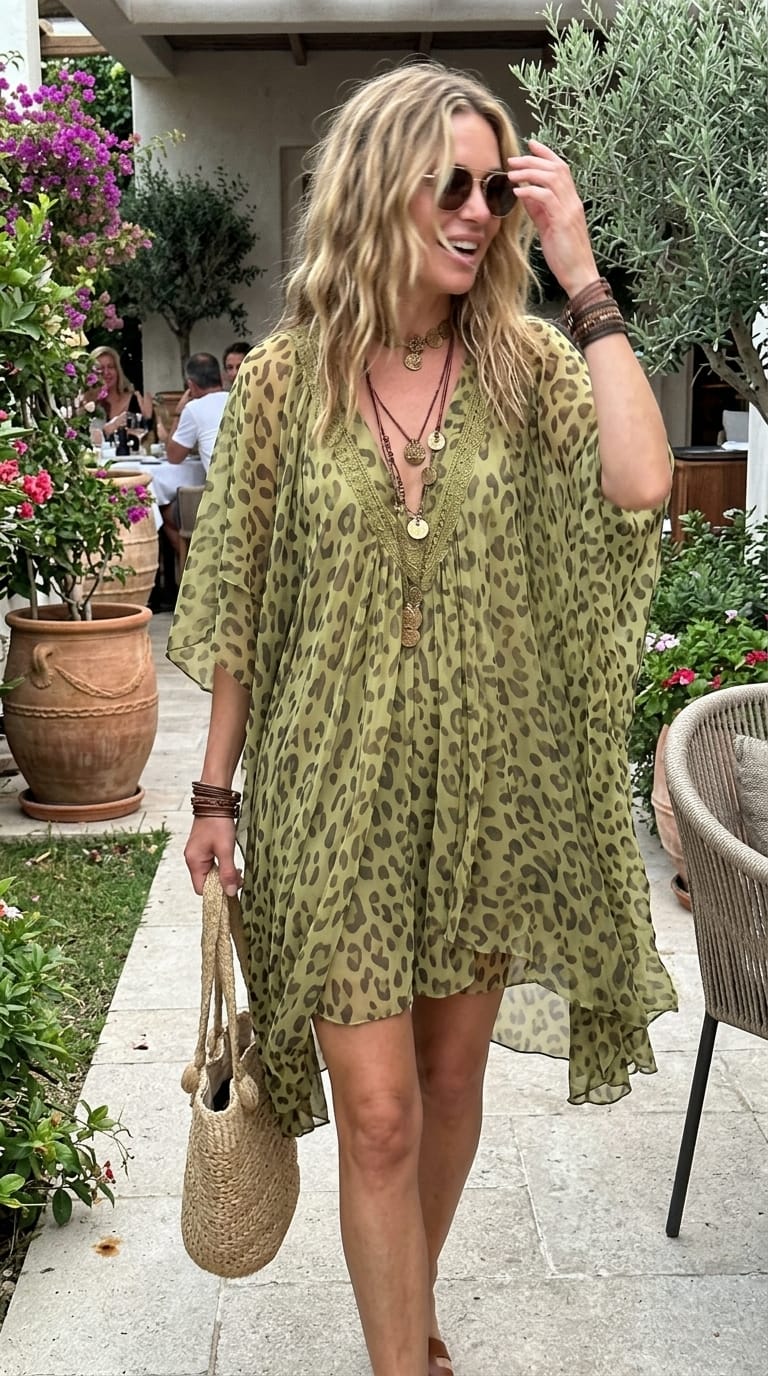 Customer photo review of Batwing Sleeves Half Sleeves Asymmetric Contrast Color Leopard Ruffle Trim See-Through Deep V-Neck Mini Dresses