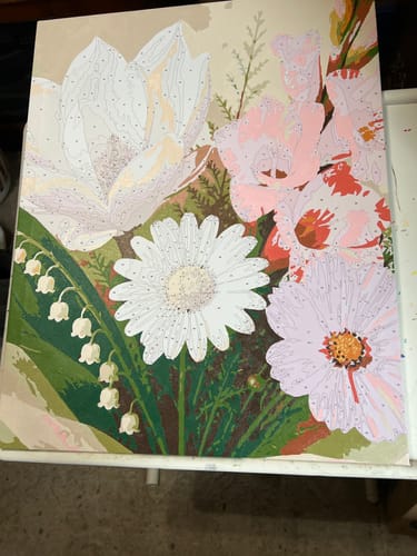 Customer's Custom Paint by Numbers Kit showing a partially painted floral bouquet.