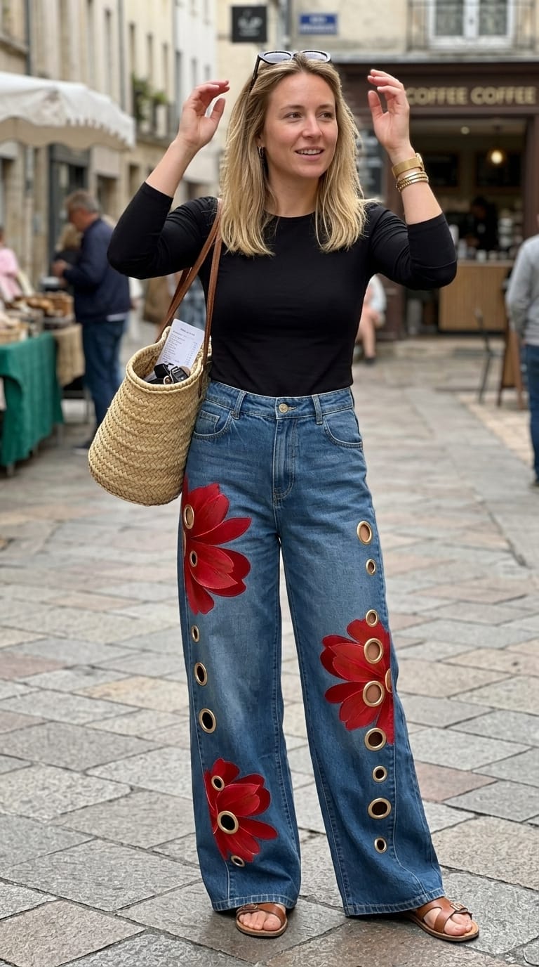 Customer photo review of High Waisted Wide Leg Buttoned Flower Print Hollow Pockets Jean Pants Bottoms Trousers