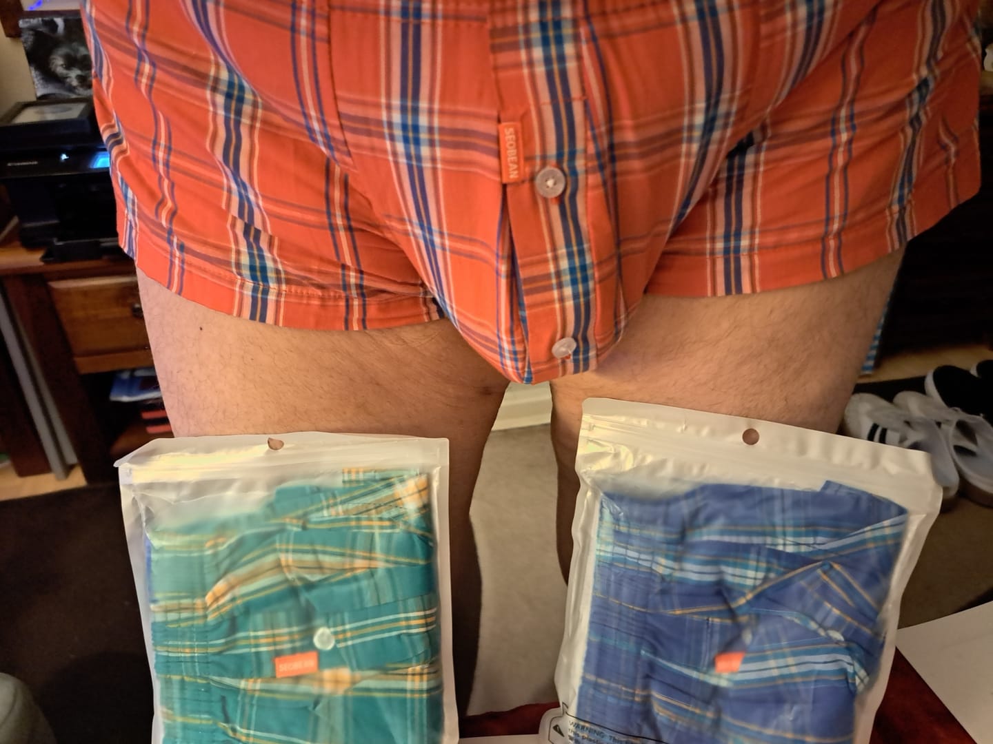 Customer photo review of Men's Classic Plaid Cotton Trunks With Button Fly