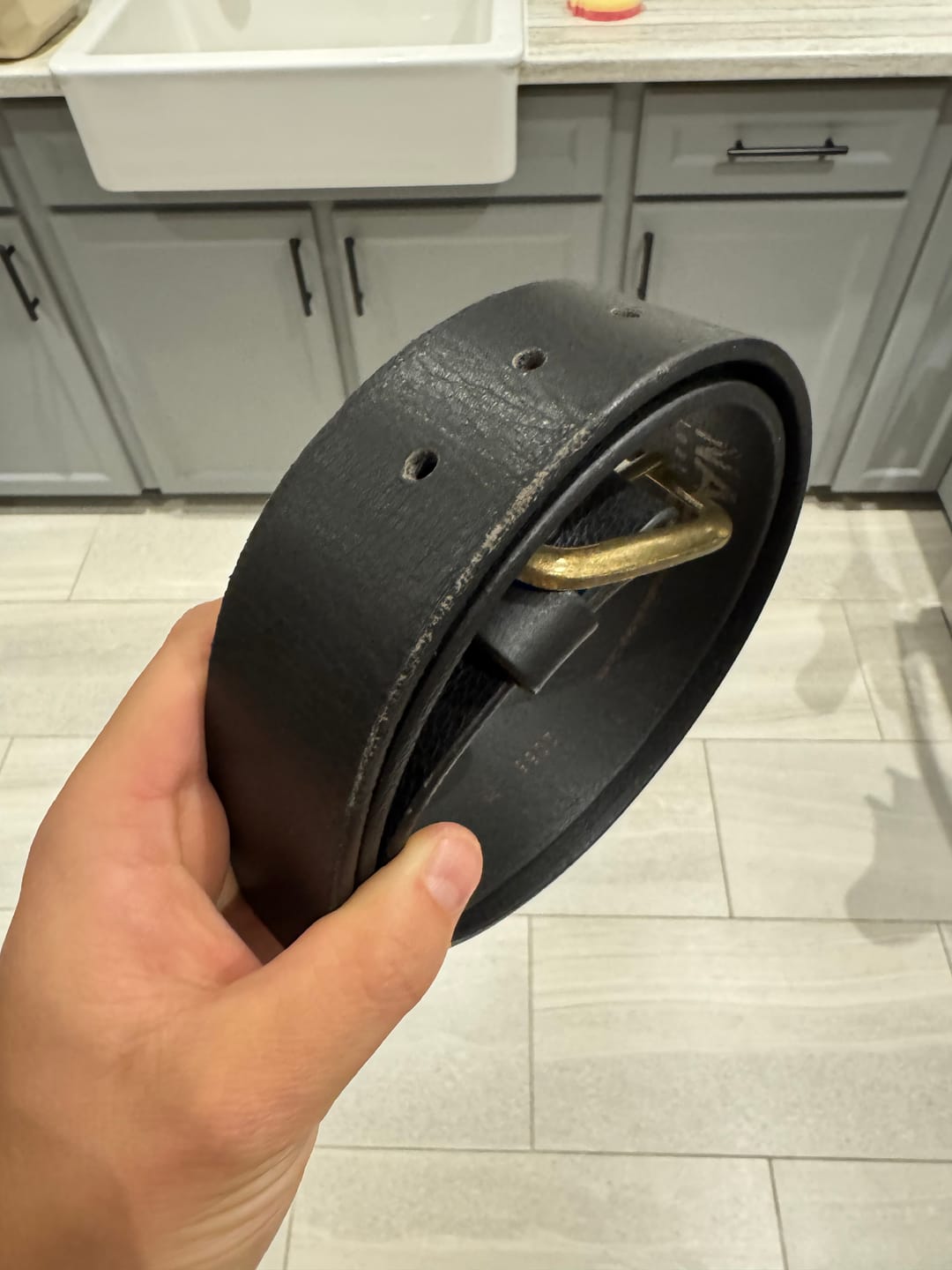Customer photo review of Amara - Black Leather Dress Belt with Gold Buckle - Made in Canada