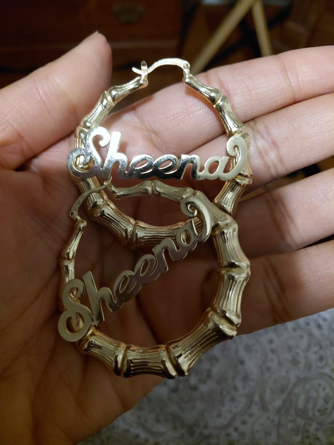 Customer photo review of 2" Bamboo Name Earrings
