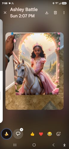 Customer holding The Rose Blossom Unicorn Princess portrait showing a young girl in a pink dress riding a unicorn.