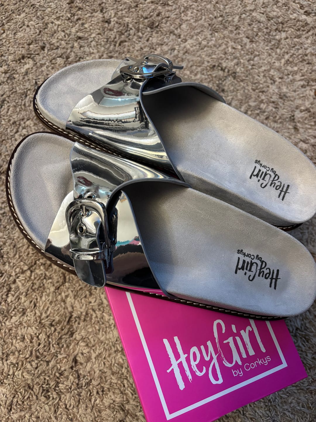 Customer photo review of Corky's Silver Mirror Metallic Passport Sandals